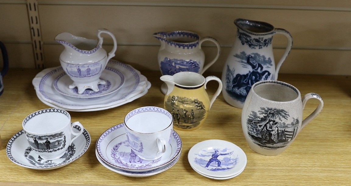 A group of mid 19th century Staffordshire British rifle volunteers and rifle target practice commemorative ceramics